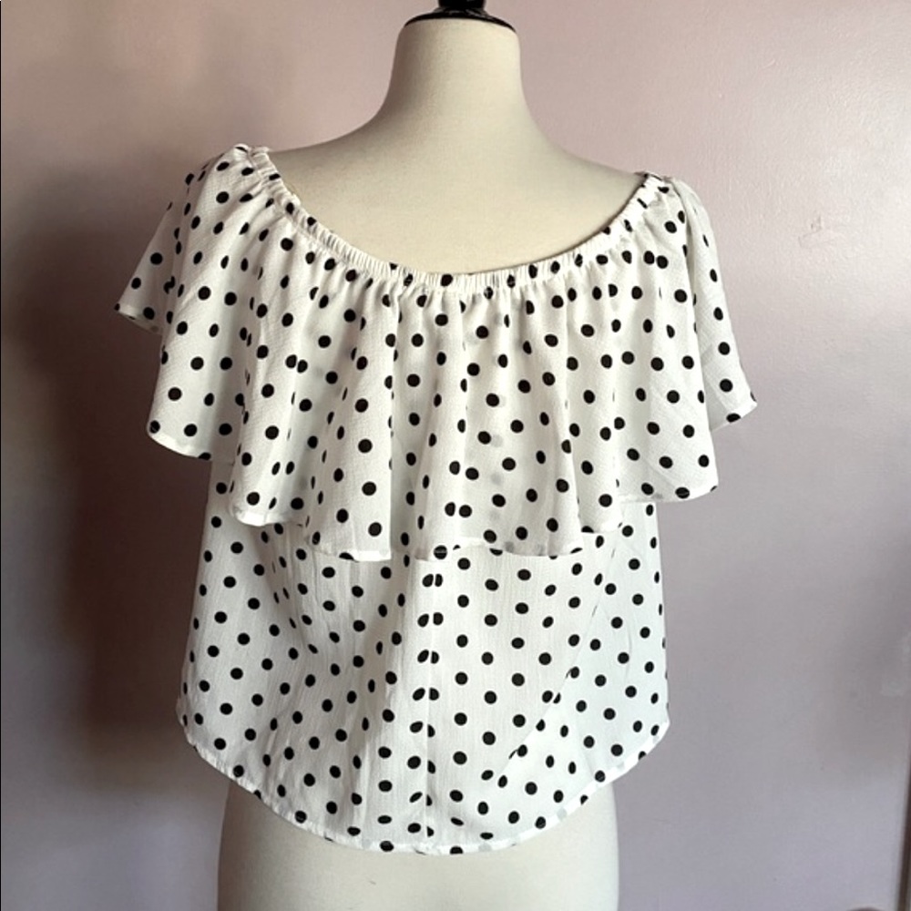 Active USA Polka Dot Off the Shoulder Ruffle Blouse | Black & White | S
